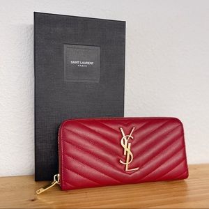Saint Laurent Cassandre Matelasse Zip Around Red Wallet in Grain de Poudre Ghw
